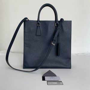 PRADA Tote Bag Leather Business Saffiano Cuir Travel Tote w/Shoulder Strap Blue